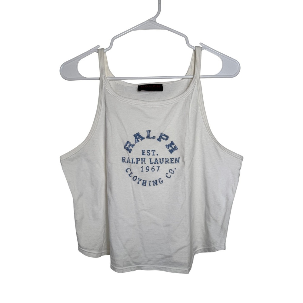 Ralph Lauren White Tank Top Womens Medium Cotton 1967 Logo Graphic Print VTG Y2K